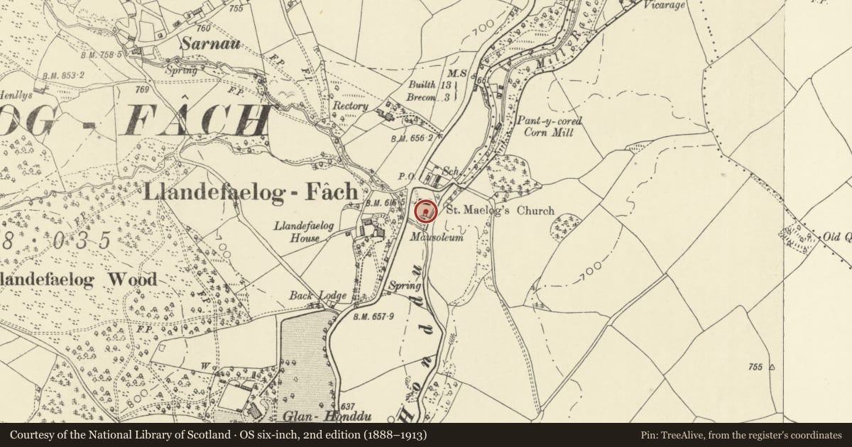 Ordnance Survey six-inch map, 2nd edition (1888–1913) covering the location of Churchyard cross and Dickinson vault, Honddu Isaf, Powys, with a pin at the register's coordinates