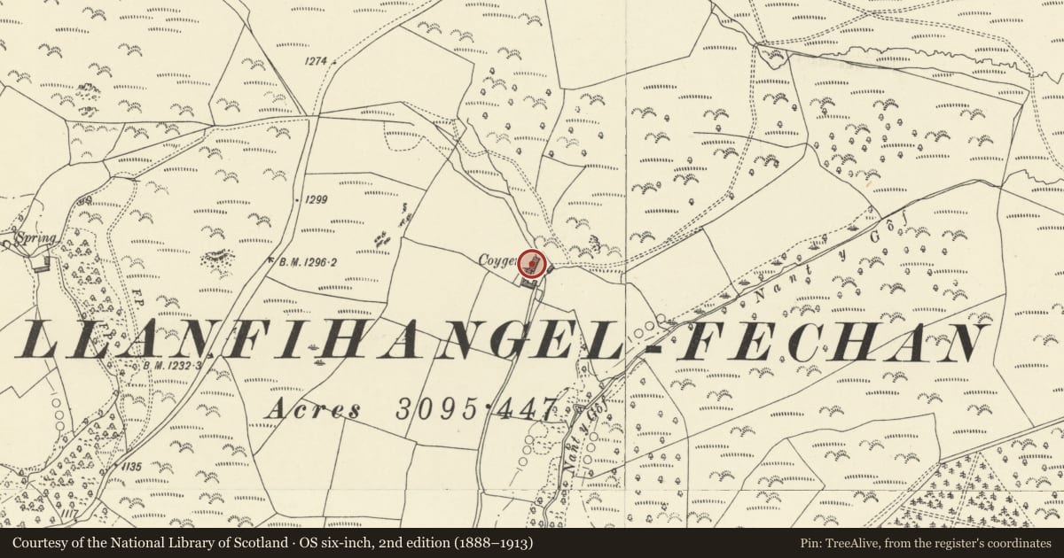 Ordnance Survey six-inch map, 2nd edition (1888–1913) covering the location of Coygen, Honddu Isaf, Powys, with a pin at the register's coordinates