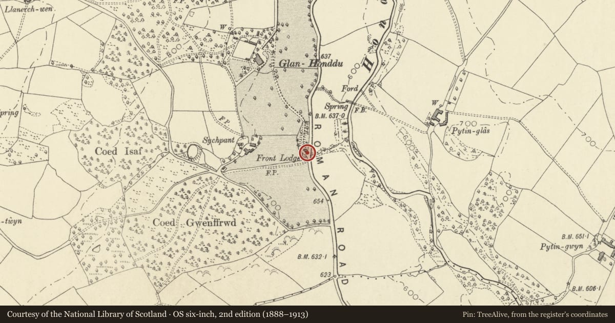 Ordnance Survey six-inch map, 2nd edition (1888–1913) covering the location of Entrance gatepiers and walls to Glan-Honddu, Honddu Isaf, Powys, with a pin at the register's coordinates