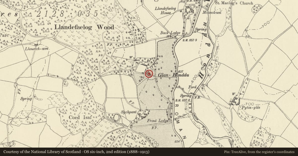 Ordnance Survey six-inch map, 2nd edition (1888–1913) covering the location of Glan-Honddu, Honddu Isaf, Powys, with a pin at the register's coordinates