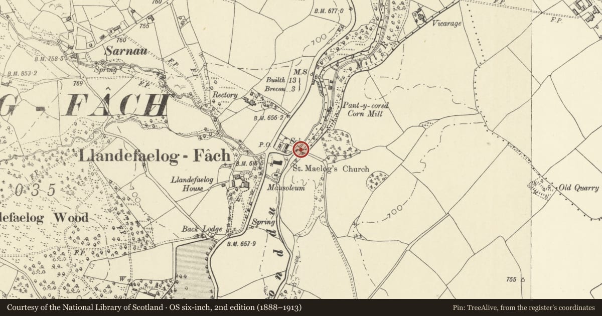 Ordnance Survey six-inch map, 2nd edition (1888–1913) covering the location of Bridge over Afon Honddu, Honddu Isaf, Powys, with a pin at the register's coordinates