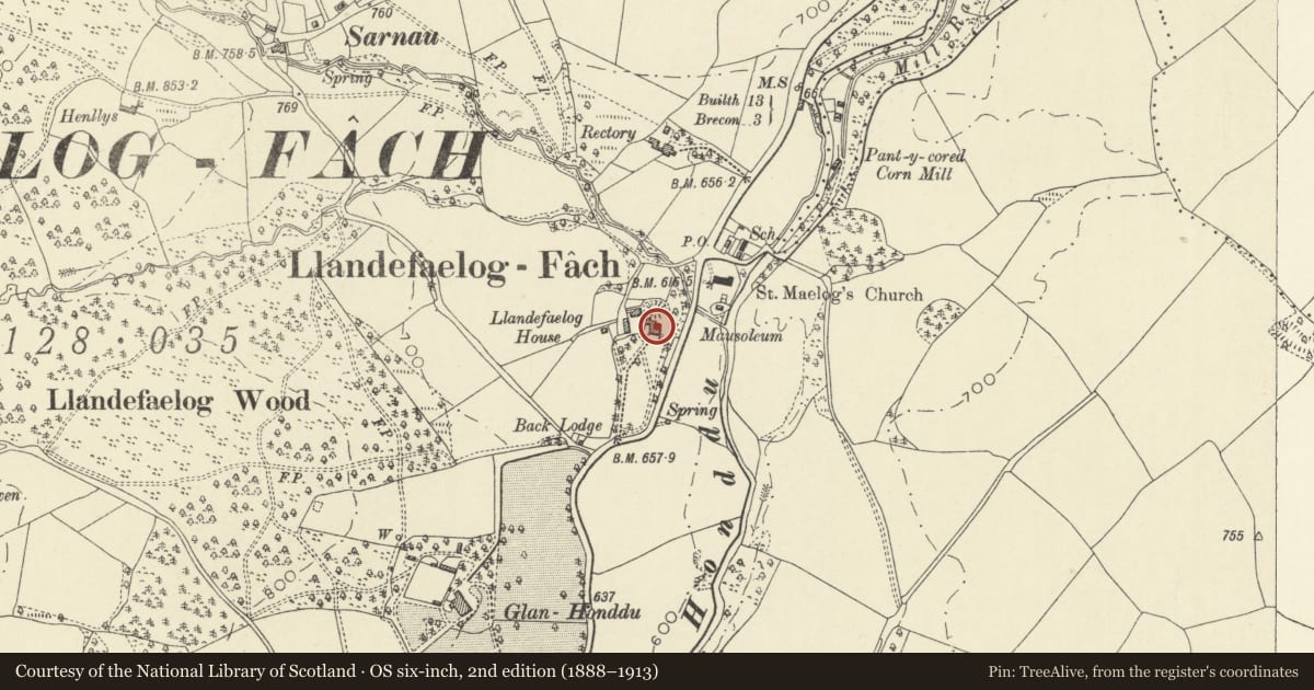 Ordnance Survey six-inch map, 2nd edition (1888–1913) covering the location of Llandefaelog House, Honddu Isaf, Powys, with a pin at the register's coordinates