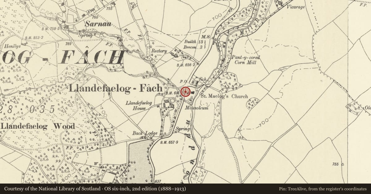 Ordnance Survey six-inch map, 2nd edition (1888–1913) covering the location of Lychgate to Church of Saint Maelog, Honddu Isaf, Powys, with a pin at the register's coordinates