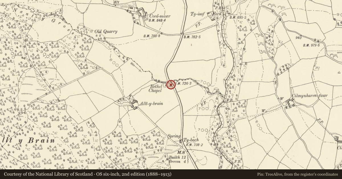 Ordnance Survey six-inch map, 2nd edition (1888–1913) covering the location of Vestry to Bethel Chapel, Honddu Isaf, Powys, with a pin at the register's coordinates