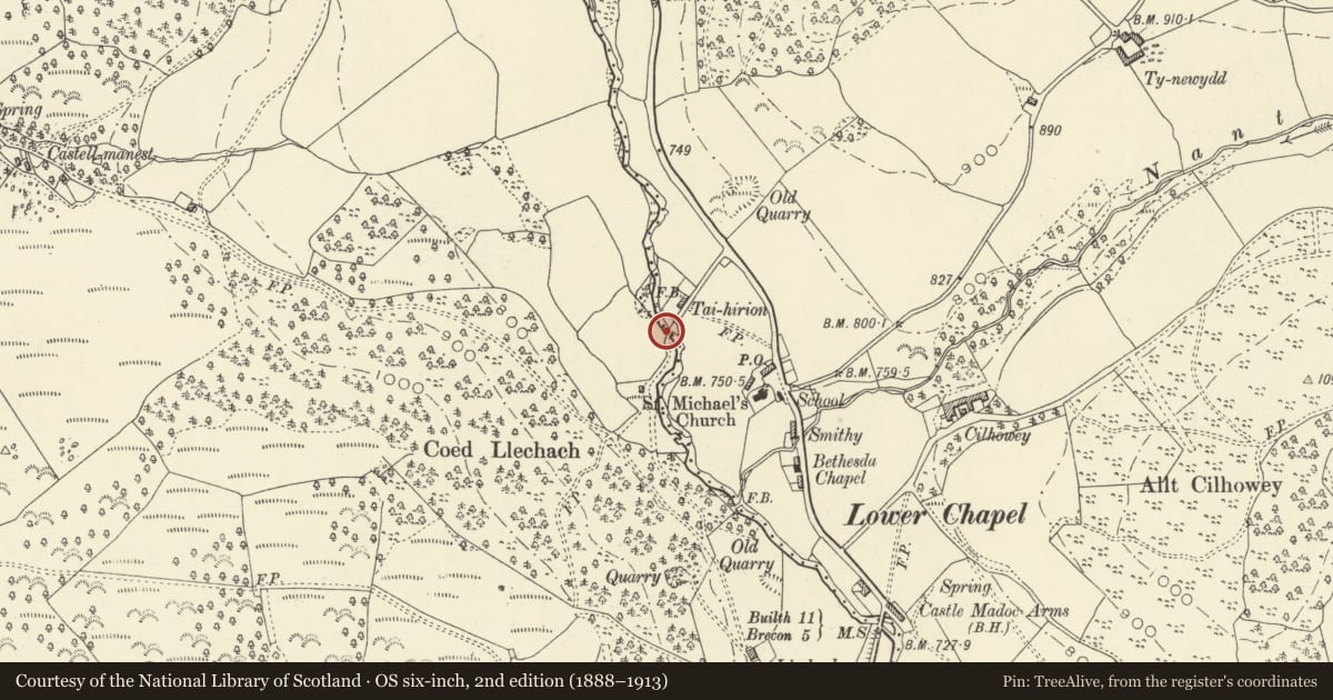 Ordnance Survey six-inch map, 2nd edition (1888–1913) covering the location of Bridge to SW of Traihirion (partly in Honddu Isaf community), Merthyr Cynog, Powys, with a pin at the register's coordinates