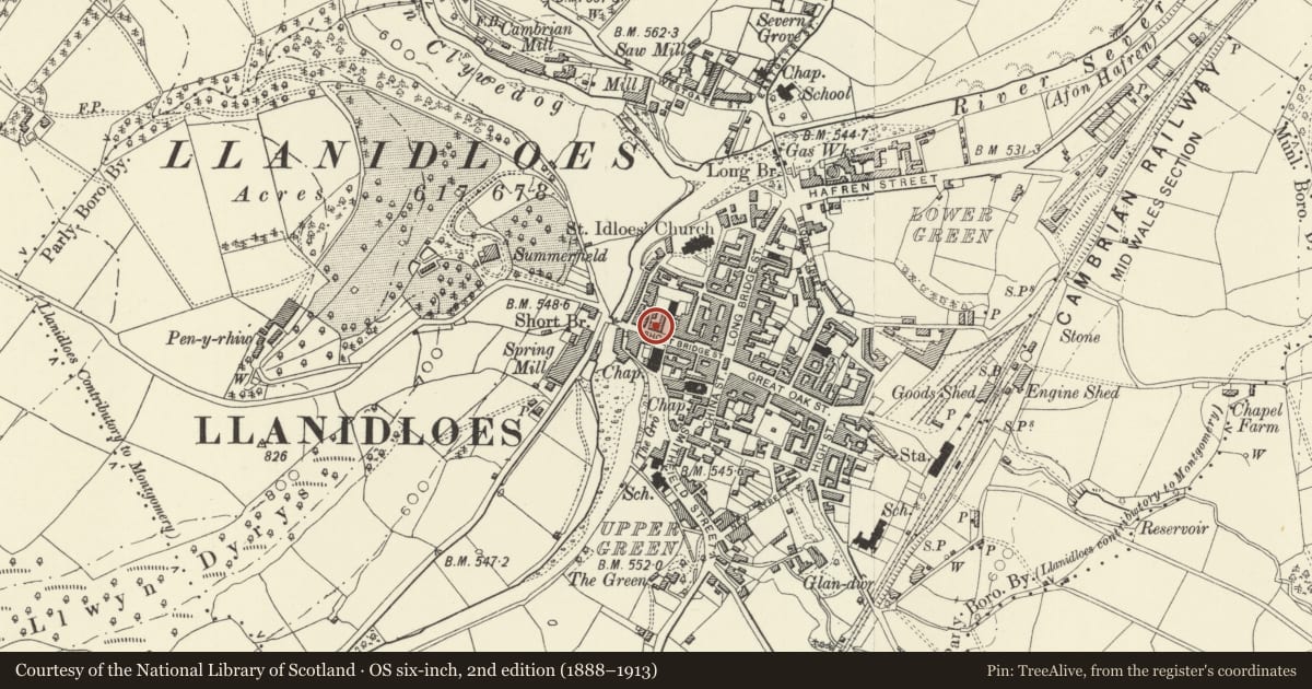 Ordnance Survey six-inch map, 2nd edition (1888–1913) covering the location of Castle House, Llanidloes, Powys, with a pin at the register's coordinates