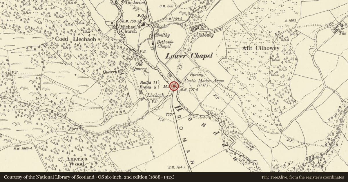 Ordnance Survey six-inch map, 2nd edition (1888–1913) covering the location of Milestone on B4520, Merthyr Cynog, Powys, with a pin at the register's coordinates
