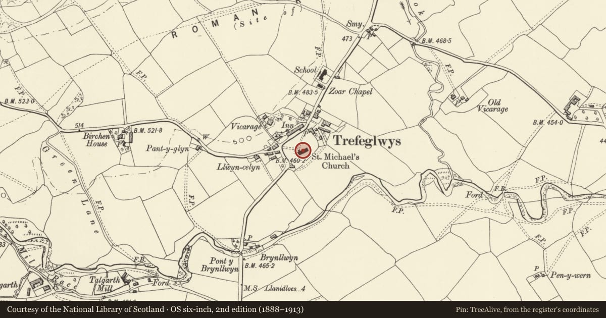 Ordnance Survey six-inch map, 2nd edition (1888–1913) covering the location of Church of St Michael, Trefeglwys, Powys, with a pin at the register's coordinates