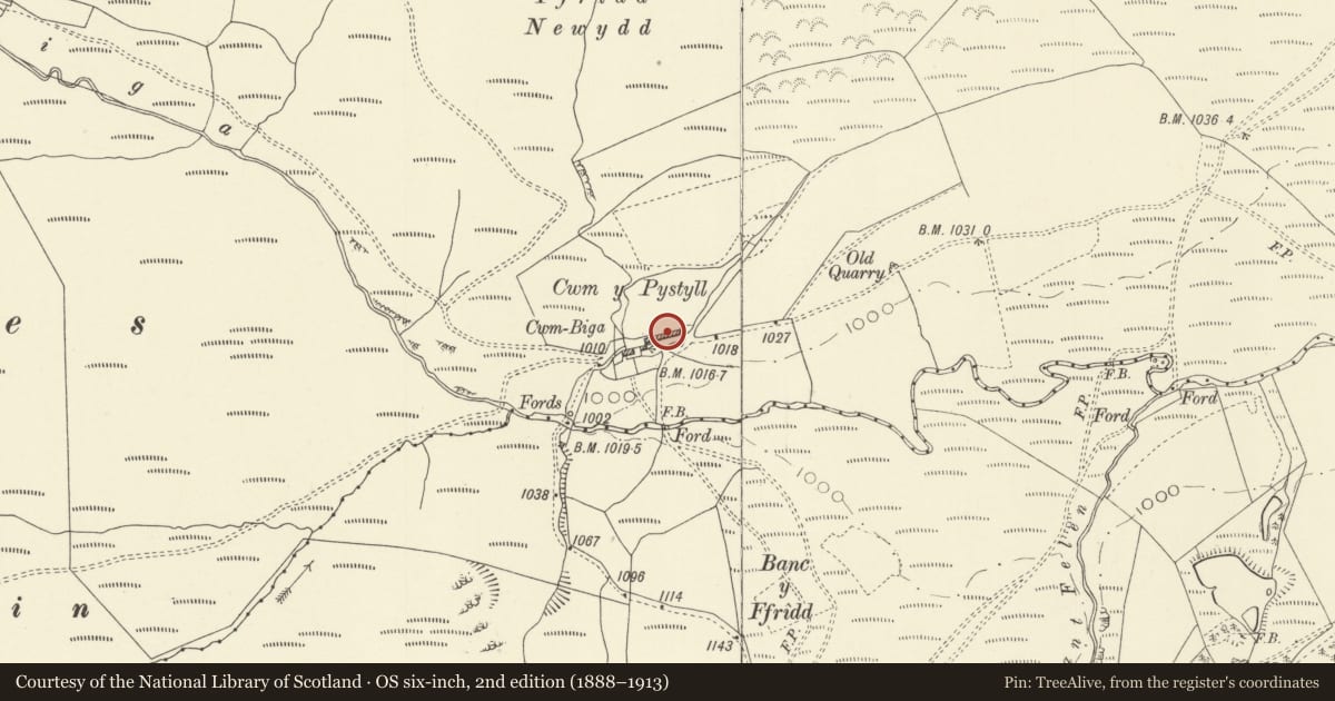 Ordnance Survey six-inch map, 2nd edition (1888–1913) covering the location of Cow-house at Cwm Biga, Trefeglwys, Powys, with a pin at the register's coordinates