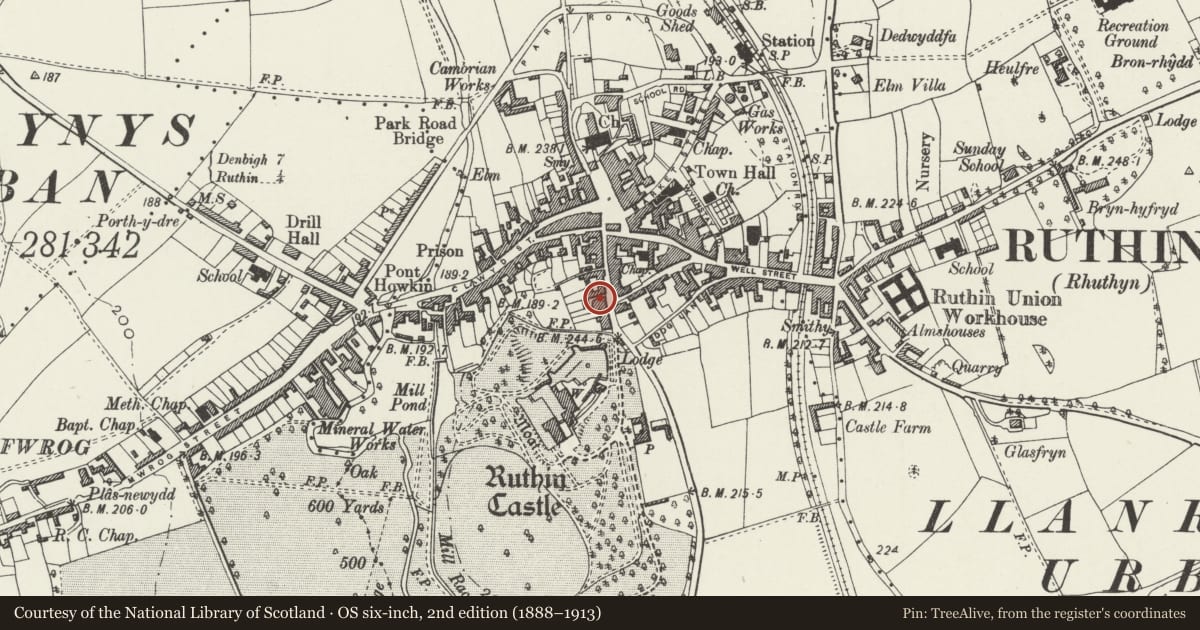 Ordnance Survey six-inch map, 2nd edition (1888–1913) covering the location of 14 Castle Street including forecourt railings, Ruthin, Denbighshire, with a pin at the register's coordinates