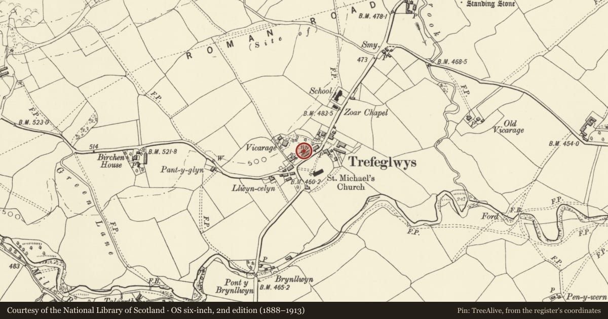 Ordnance Survey six-inch map, 2nd edition (1888–1913) covering the location of Potato store at Belle Vue, Trefeglwys, Powys, with a pin at the register's coordinates