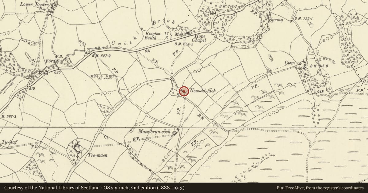 Ordnance Survey six-inch map, 2nd edition (1888–1913) covering the location of Barn at Neuadd Fach, Llanelwedd, Powys, with a pin at the register's coordinates