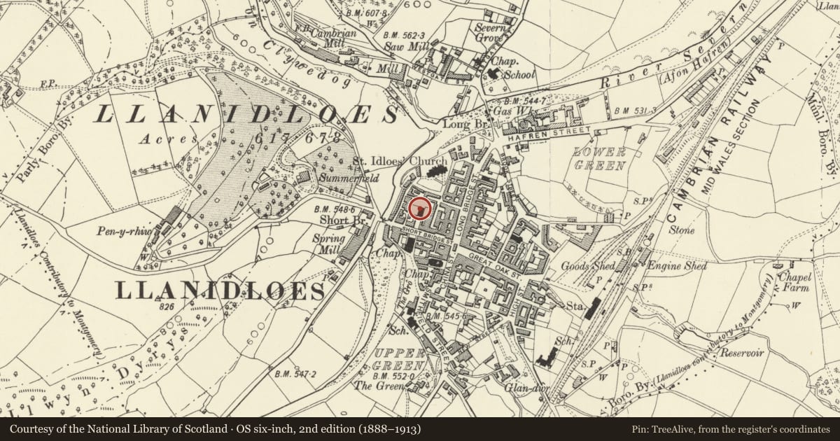 Ordnance Survey six-inch map, 2nd edition (1888–1913) covering the location of Sion United Reformed Church, Llanidloes, Powys, with a pin at the register's coordinates