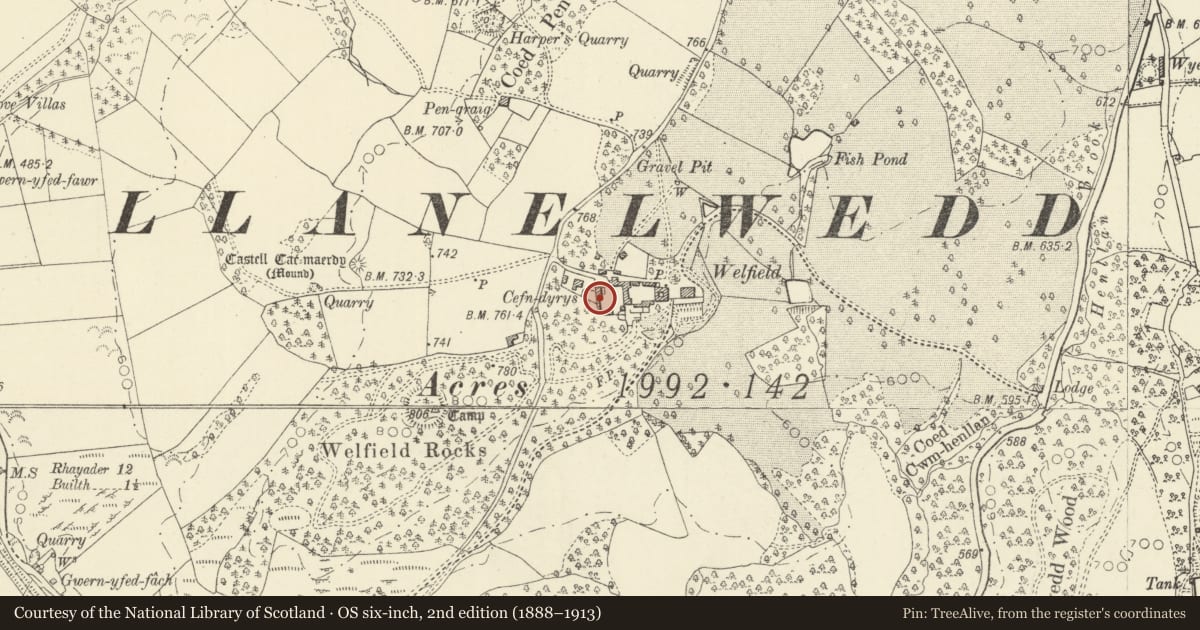 Ordnance Survey six-inch map, 2nd edition (1888–1913) covering the location of Cefndyrys Farmhouse, including attached farm ranges, Llanelwedd, Powys, with a pin at the register's coordinates