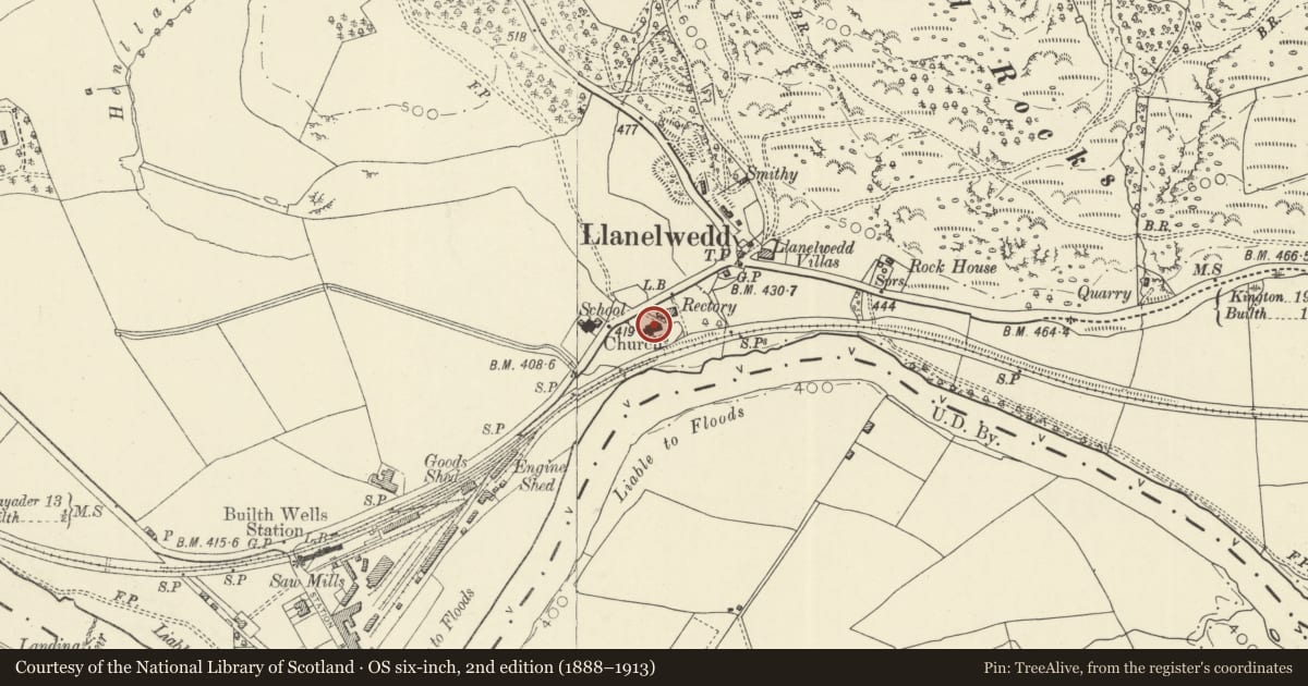 Ordnance Survey six-inch map, 2nd edition (1888–1913) covering the location of Church of St Matthew, Llanelwedd, Powys, with a pin at the register's coordinates