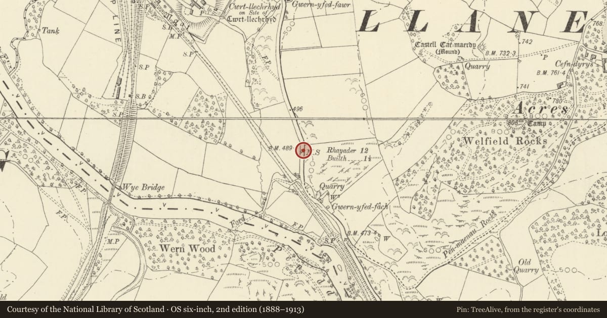 Ordnance Survey six-inch map, 2nd edition (1888–1913) covering the location of Milestone on A470, Llanelwedd, Powys, with a pin at the register's coordinates