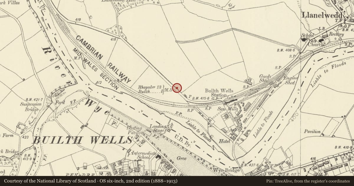 Ordnance Survey six-inch map, 2nd edition (1888–1913) covering the location of Milestone on A470, Llanelwedd, Powys, with a pin at the register's coordinates