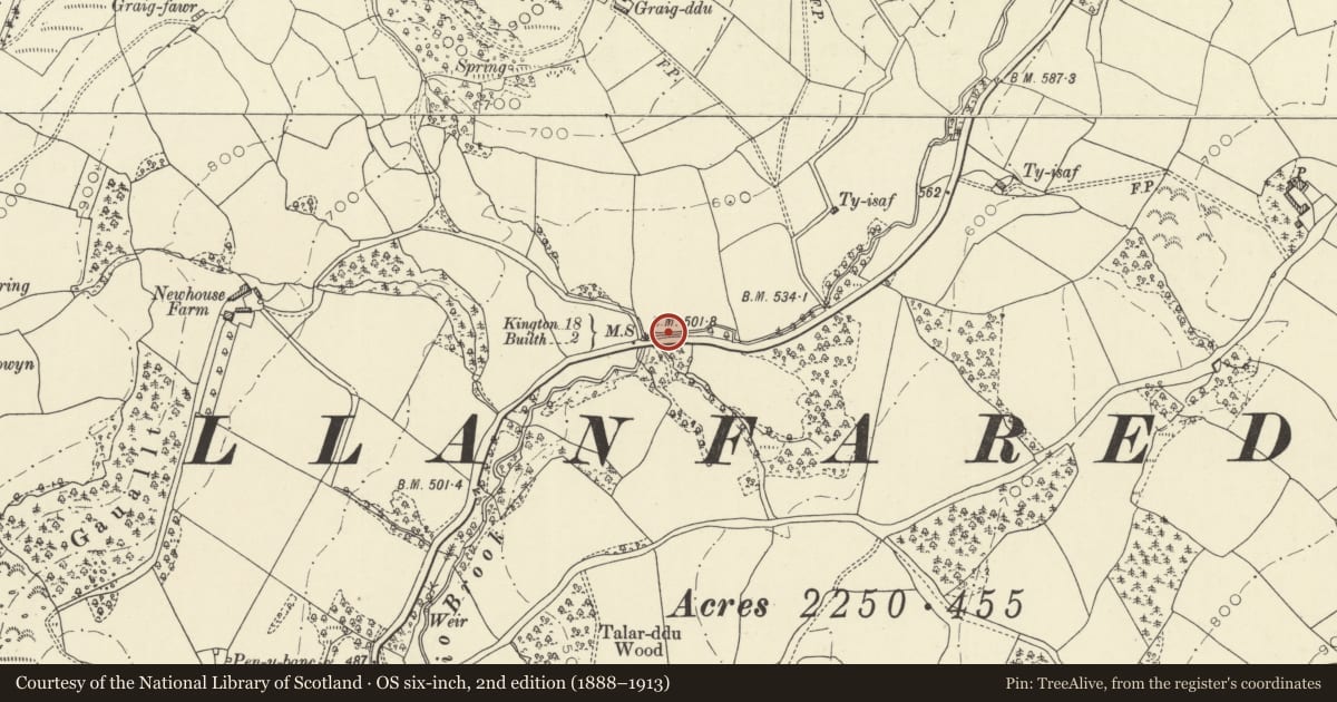 Ordnance Survey six-inch map, 2nd edition (1888–1913) covering the location of Milestone on A481, Llanelwedd, Powys, with a pin at the register's coordinates