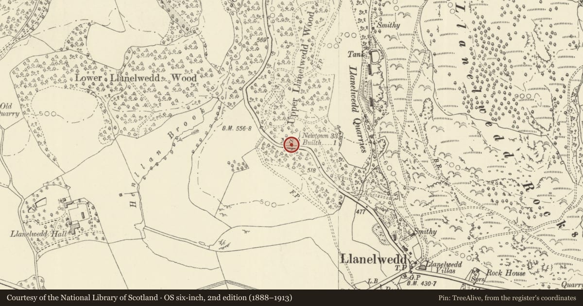 Ordnance Survey six-inch map, 2nd edition (1888–1913) covering the location of Milestone on A483, Llanelwedd, Powys, with a pin at the register's coordinates