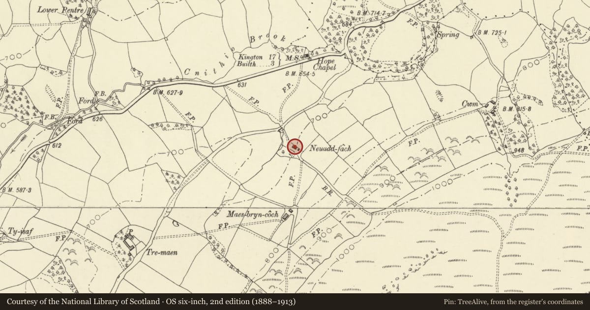 Ordnance Survey six-inch map, 2nd edition (1888–1913) covering the location of Neuadd Fach, including attached farm building, Llanelwedd, Powys, with a pin at the register's coordinates
