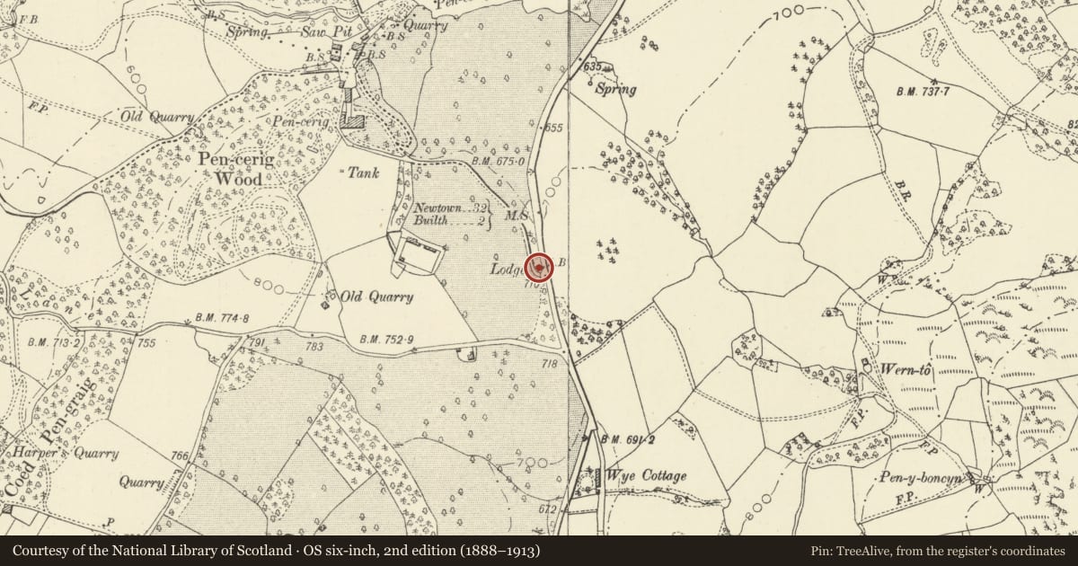 Ordnance Survey six-inch map, 2nd edition (1888–1913) covering the location of Pencerrig Lodge, Llanelwedd, Powys, with a pin at the register's coordinates