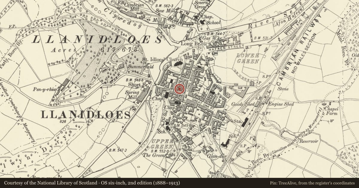 Ordnance Survey six-inch map, 2nd edition (1888–1913) covering the location of Laurels, Llanidloes, Powys, with a pin at the register's coordinates