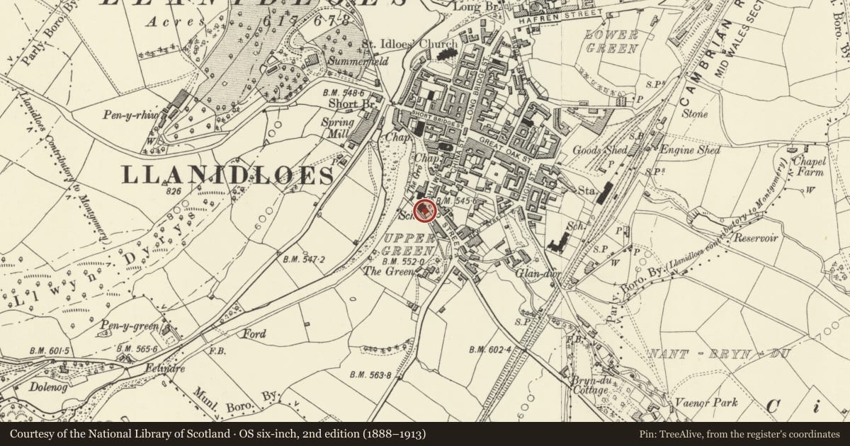 Ordnance Survey six-inch map, 2nd edition (1888–1913) covering the location of House attached to Llanidloes Rugby Club, Powys, with a pin at the register's coordinates