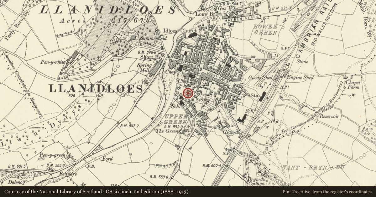 Ordnance Survey six-inch map, 2nd edition (1888–1913) covering the location of 3 Smithfield Street, Llanidloes, Powys, with a pin at the register's coordinates