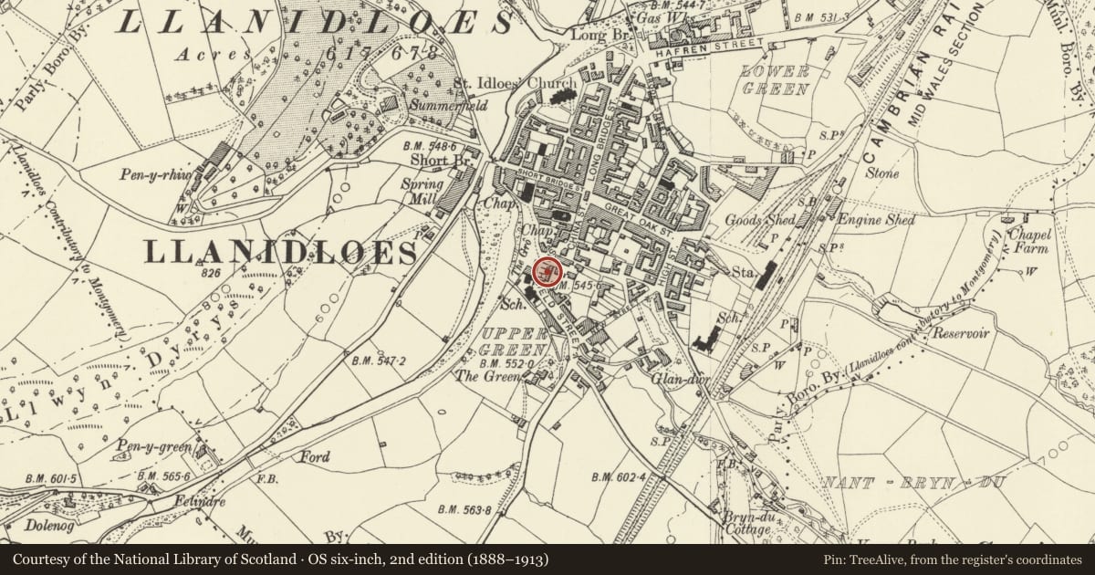 Ordnance Survey six-inch map, 2nd edition (1888–1913) covering the location of 5 Smithfield Street, Llanidloes, Powys, with a pin at the register's coordinates