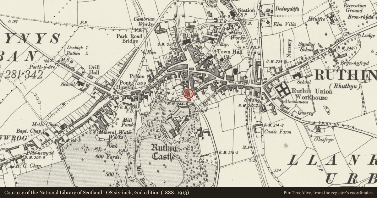 Ordnance Survey six-inch map, 2nd edition (1888–1913) covering the location of 16 Castle Street, Ruthin, Denbighshire, with a pin at the register's coordinates