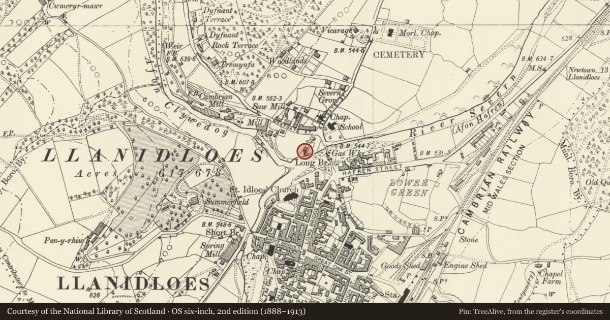 Ordnance Survey six-inch map, 2nd edition (1888–1913) covering the location of Frankwell House, Llanidloes, Powys, with a pin at the register's coordinates