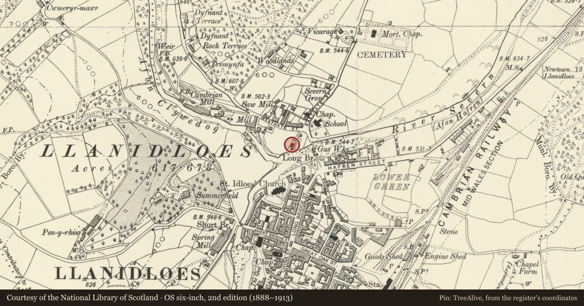 Ordnance Survey six-inch map, 2nd edition (1888–1913) covering the location of Frankwell Cottage, Llanidloes, Powys, with a pin at the register's coordinates