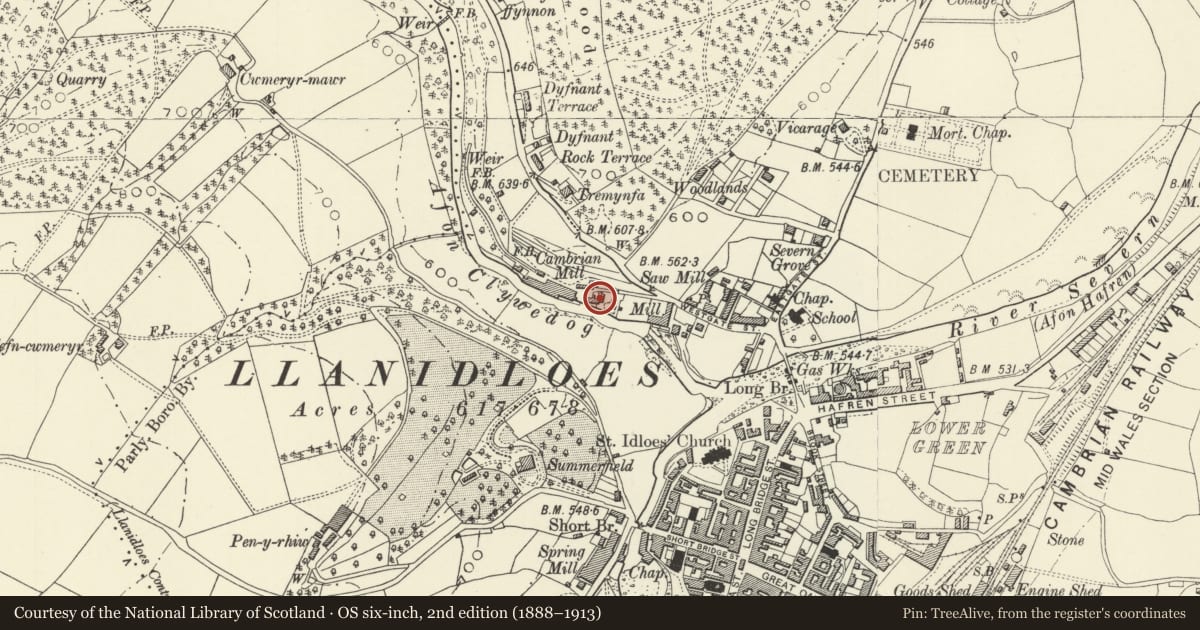 Ordnance Survey six-inch map, 2nd edition (1888–1913) covering the location of Glanclywedog House, Llanidloes, Powys, with a pin at the register's coordinates