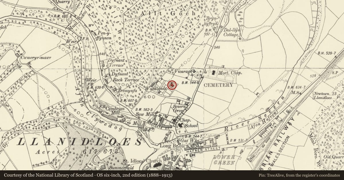 Ordnance Survey six-inch map, 2nd edition (1888–1913) covering the location of Westbourne, Llanidloes, Powys, with a pin at the register's coordinates