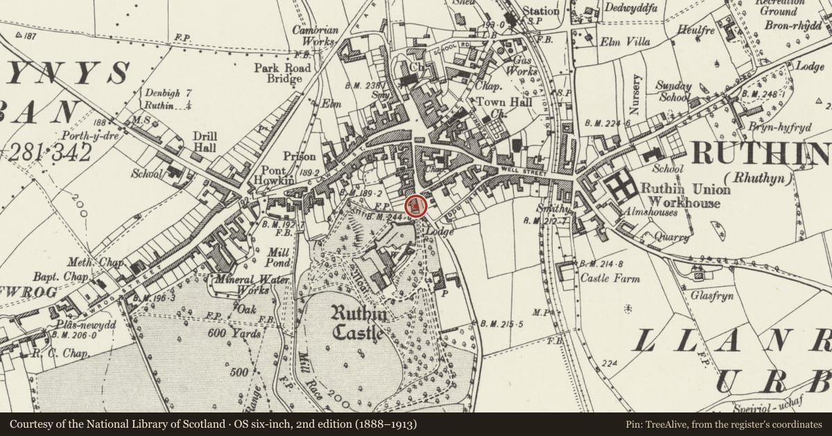 Ordnance Survey six-inch map, 2nd edition (1888–1913) covering the location of 20-21 Castle Street, Ruthin, Denbighshire, with a pin at the register's coordinates