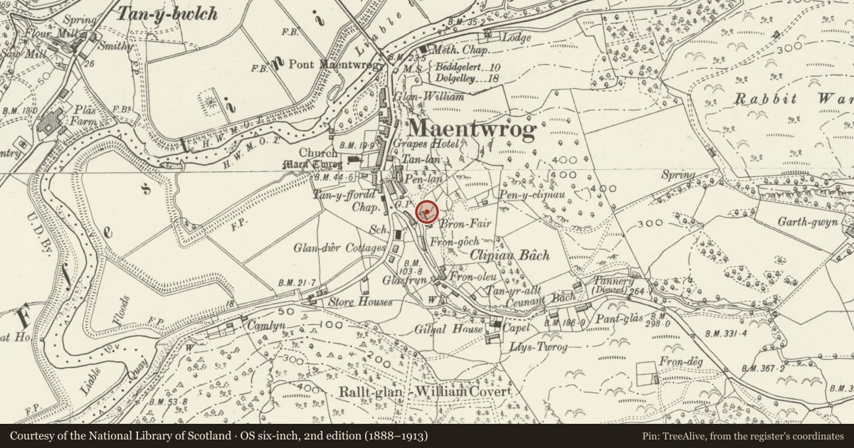 Ordnance Survey six-inch map, 2nd edition (1888–1913) covering the location of 1 Fron Fair Terrace, Maentwrog, Gwynedd, with a pin at the register's coordinates