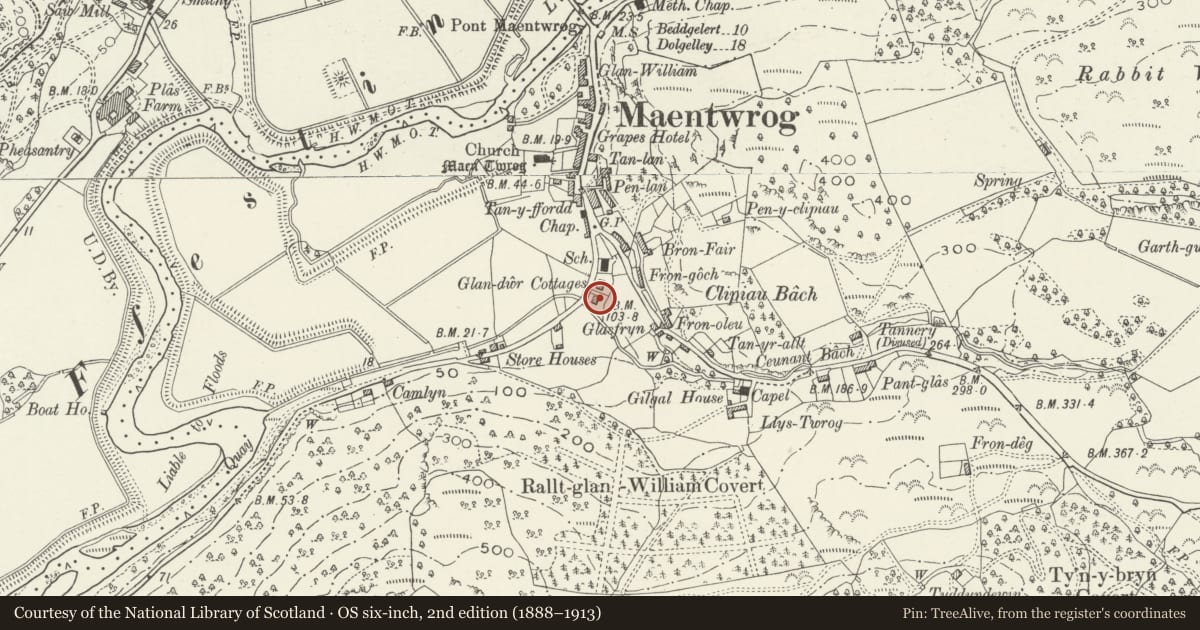 Ordnance Survey six-inch map, 2nd edition (1888–1913) covering the location of 4 Glandwr Cottages including garden wall and gates, Maentwrog, Gwynedd, with a pin at the register's coordinates