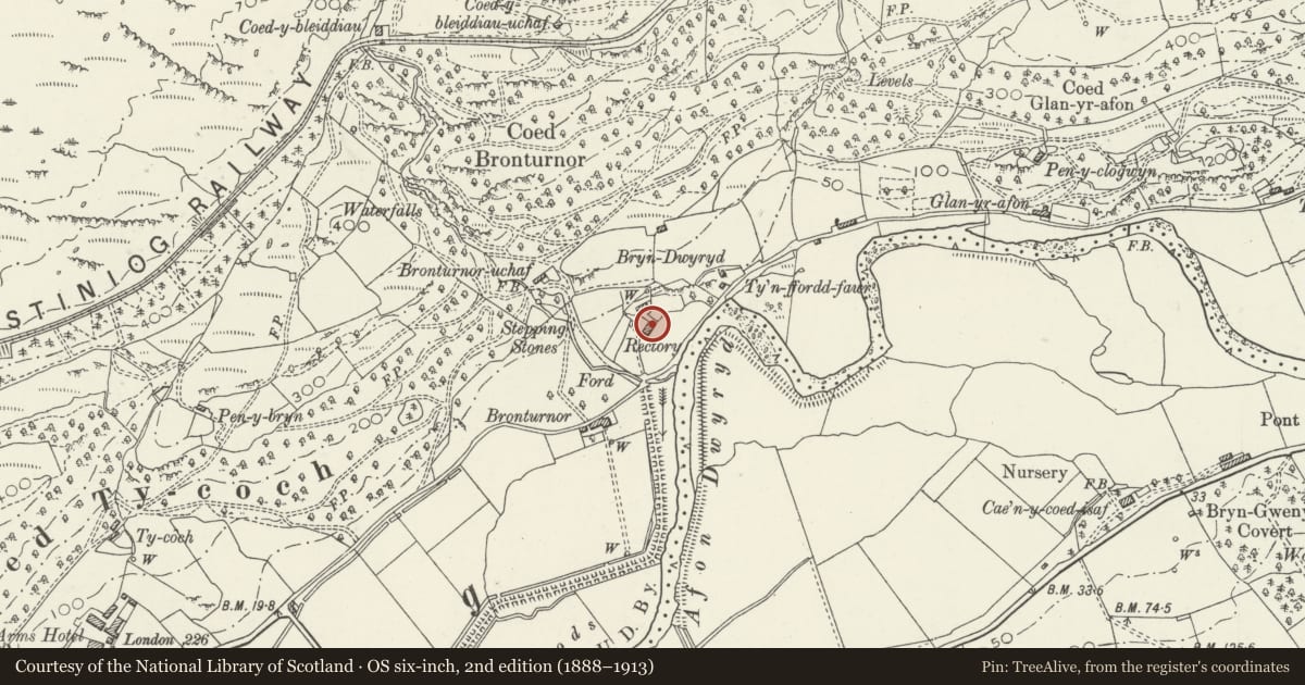 Ordnance Survey six-inch map, 2nd edition (1888–1913) covering the location of Bron Turnor Mawr, Maentwrog, Gwynedd, with a pin at the register's coordinates
