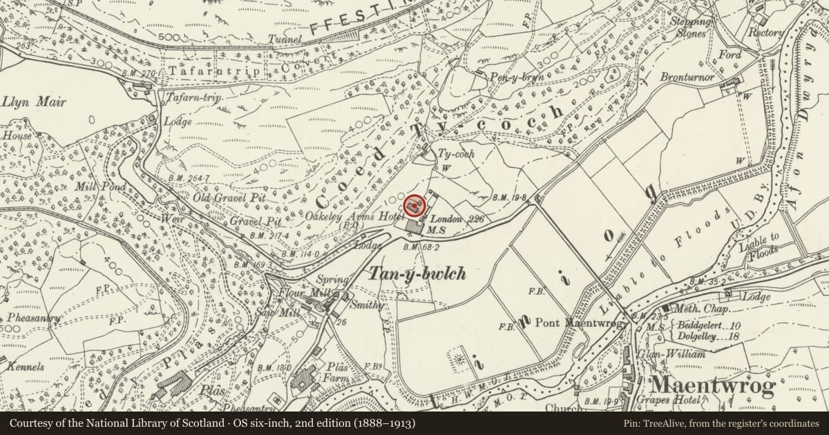 Ordnance Survey six-inch map, 2nd edition (1888–1913) covering the location of Coach house range at the Oakeley Arms, Maentwrog, Gwynedd, with a pin at the register's coordinates