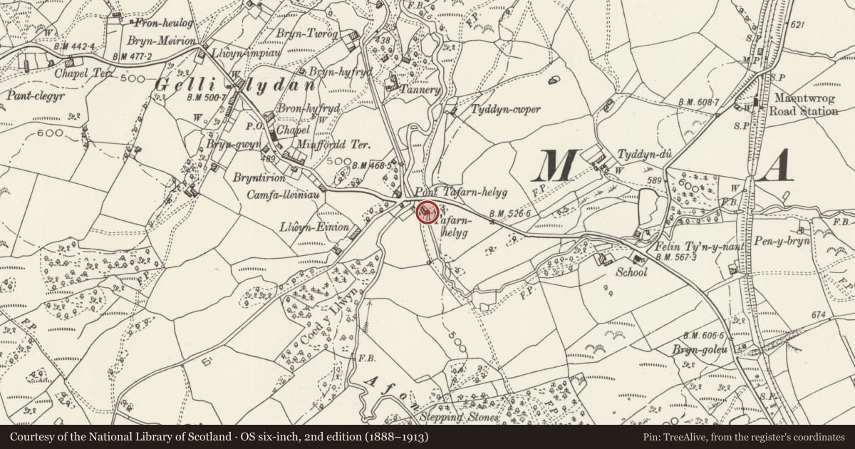 Ordnance Survey six-inch map, 2nd edition (1888–1913) covering the location of Former dairy at Tafarn Helyg, Maentwrog, Gwynedd, with a pin at the register's coordinates