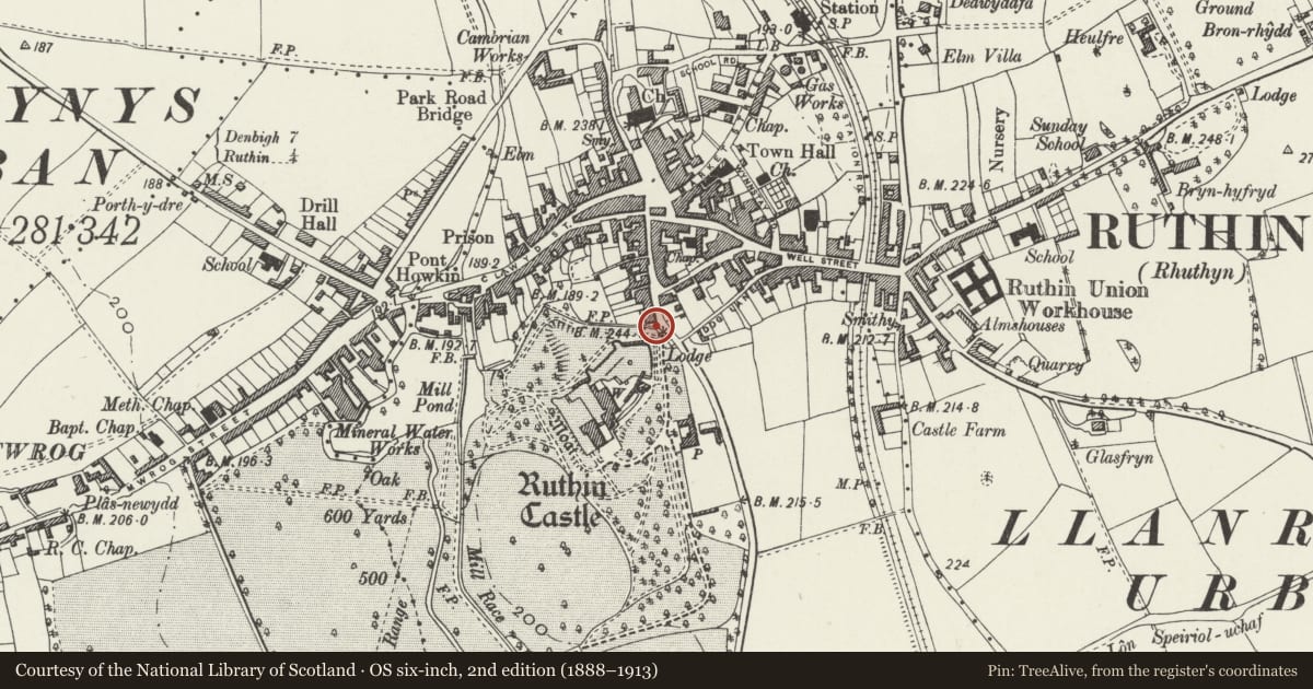 Ordnance Survey six-inch map, 2nd edition (1888–1913) covering the location of Boundary wall to rear garden, Ruthin, Denbighshire, with a pin at the register's coordinates