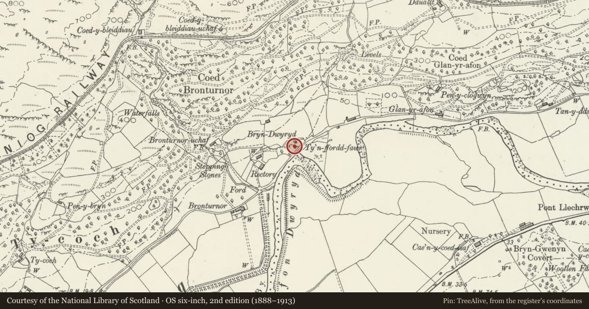 Ordnance Survey six-inch map, 2nd edition (1888–1913) covering the location of Tyn ffordd fawr, Maentwrog, Gwynedd, with a pin at the register's coordinates