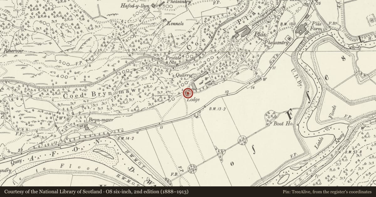 Ordnance Survey six-inch map, 2nd edition (1888–1913) covering the location of Lodge to S of Plas Tan-y-bwlch, Maentwrog, Gwynedd, with a pin at the register's coordinates