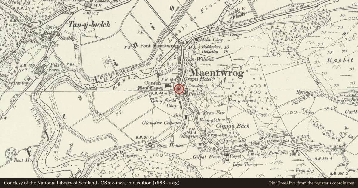 Ordnance Survey six-inch map, 2nd edition (1888–1913) covering the location of Lychgate to Church of St. Twrog, Maentwrog, Gwynedd, with a pin at the register's coordinates