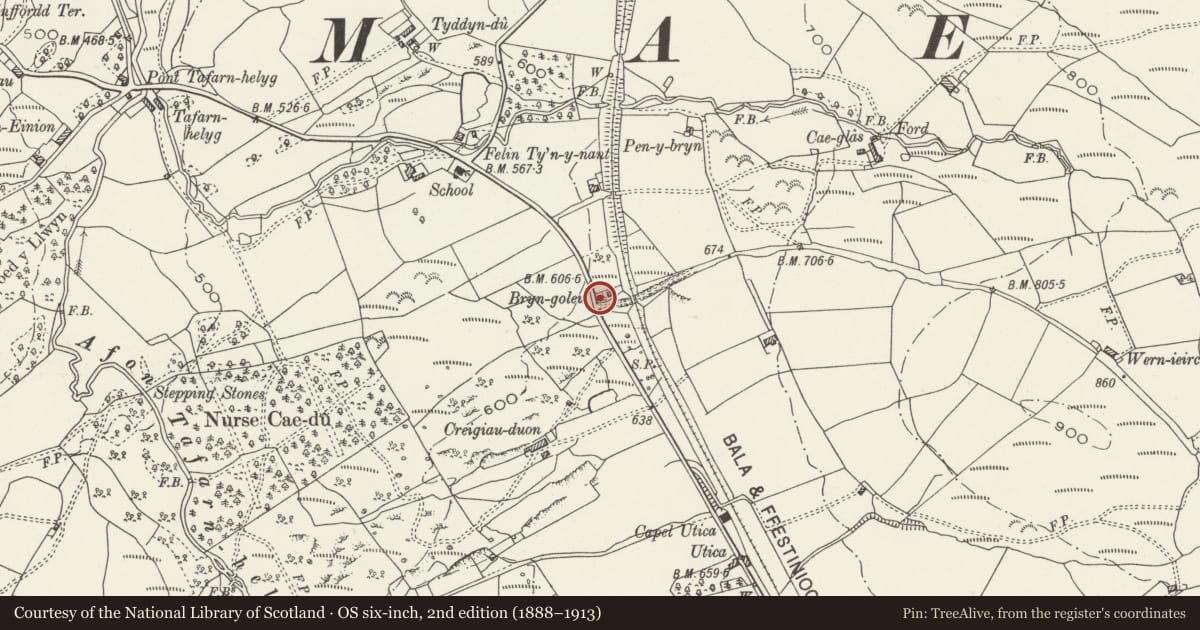 Ordnance Survey six-inch map, 2nd edition (1888–1913) covering the location of Milepost, Maentwrog, Gwynedd, with a pin at the register's coordinates
