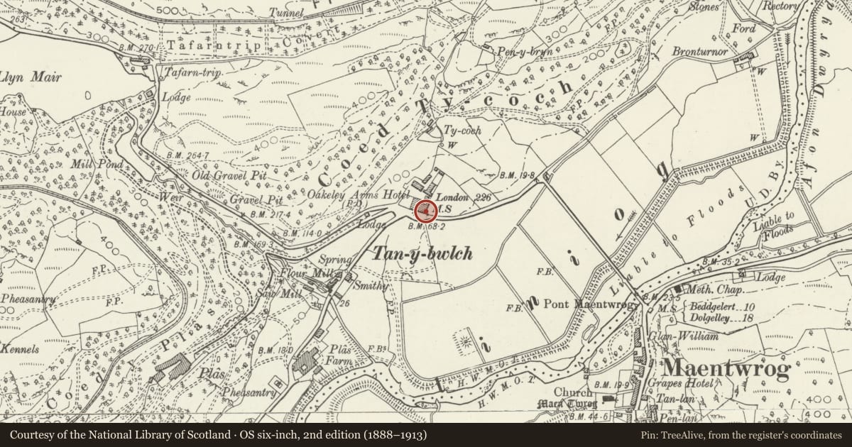 Ordnance Survey six-inch map, 2nd edition (1888–1913) covering the location of Milestone at the Oakeley Arms, Maentwrog, Gwynedd, with a pin at the register's coordinates