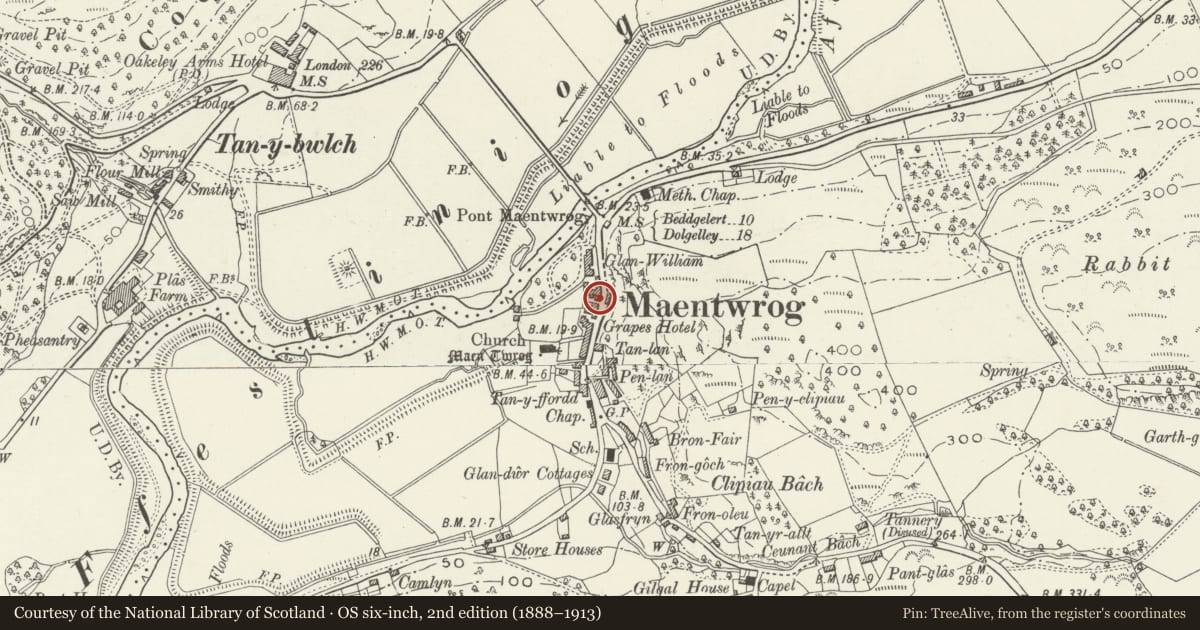 Ordnance Survey six-inch map, 2nd edition (1888–1913) covering the location of Stable block to S of The Old Rectory, Maentwrog, Gwynedd, with a pin at the register's coordinates