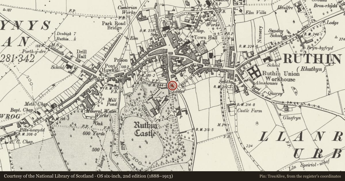 Ordnance Survey six-inch map, 2nd edition (1888–1913) covering the location of Gateway & Lodge to Ruthin Castle Hotel, Denbighshire, with a pin at the register's coordinates