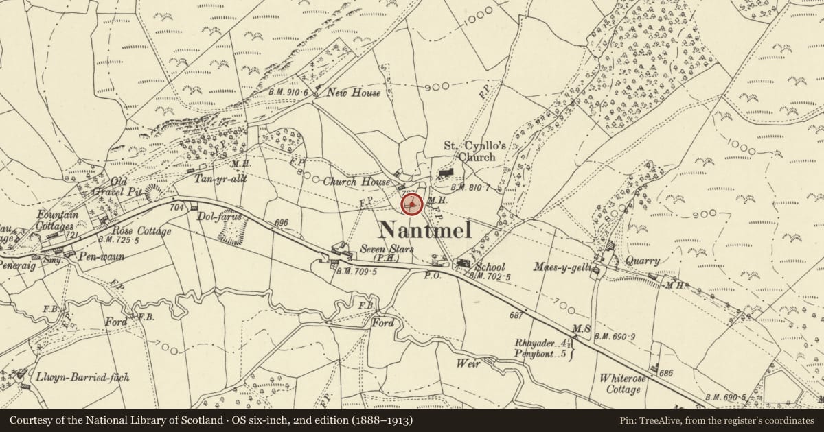 Ordnance Survey six-inch map, 2nd edition (1888–1913) covering the location of Aqueduct SW of Church of St Cynllo, Nantmel, Powys, with a pin at the register's coordinates
