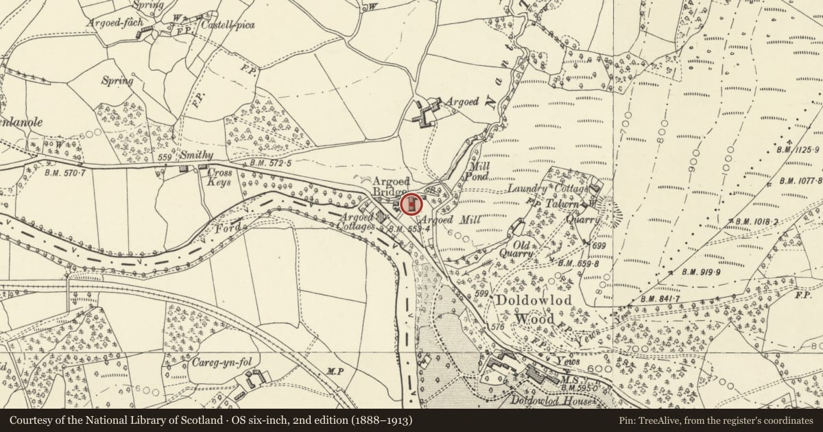 Ordnance Survey six-inch map, 2nd edition (1888–1913) covering the location of Argoed Mill Old Post Office, Nantmel, Powys, with a pin at the register's coordinates